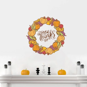 Thanksgiving wall sticker featuring autumn wreath with pumpkins and Give Thanks text