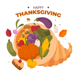 Happy Thanksgiving wall sticker with harvest cornucopia fruits and vegetables