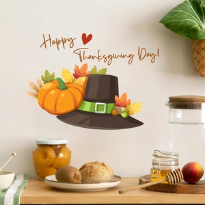Erntedankfest Kürbis Pilgerhut Wandaufkleber Happy Thanksgiving Schriftzug Herbstlaub PVC Aufkleber Für Heimdekoration