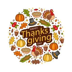 Happy Thanksgiving wall decals featuring turkey, pumpkin, and autumn leaves illustrations