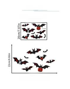 Luminous Halloween wall stickers showing 3D bat layout and product size dimensions