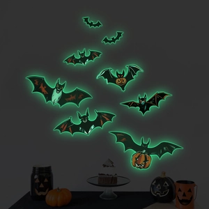 Luminous Halloween bat wall stickers glowing in the dark with pumpkin details