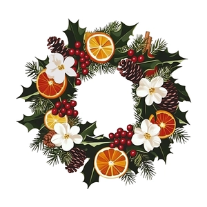 Christmas wall sticker with pine cones, orange slices and red berries in wreath design