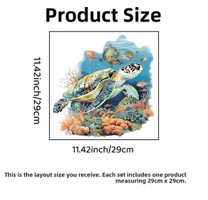 Detailed size chart for 29x29cm sea turtle bathroom wall decal with coral reef motif