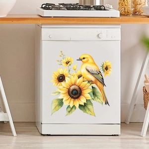Decorative sunflower and yellow bird wall stickers on a modern white dishwasher