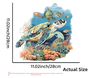 Detailed view of sea turtle and coral toilet decal with 28x28cm dimensions guide