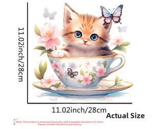 Cute tabby cat in a floral teacup wall sticker with butterflies for bathroom decor
