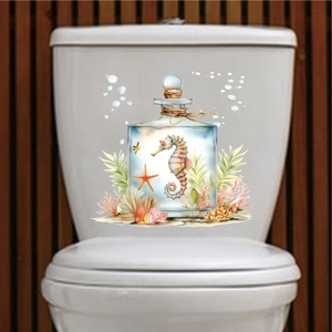Marine life toilet sticker featuring watercolor seahorse, coral and bottle design
