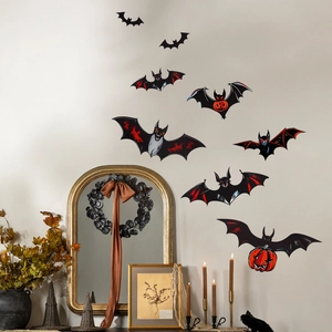 Detailed view of luminous 3D bat and pumpkin wall stickers in Halloween interior decor