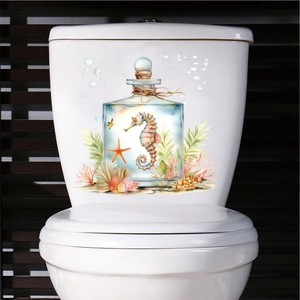 Watercolor Underwater Seahorse Glass Bottle Toilet Sticker For Bathroom Toilet Seat Decal PVC Waterproof Ocean Wall Art