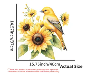 Detailed dimensions for sunflower and yellow bird wall decal measuring 15.75x14.57 inches