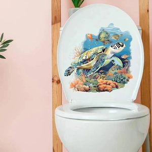 Vibrant sea turtle and coral reef waterproof wall stickers on a modern white toilet lid