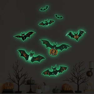 Luminous 3D Halloween bat wall stickers with glowing pumpkin decals for spooky home decor