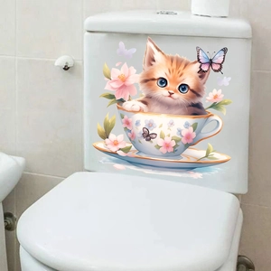 Cute teacup cat wall sticker with flowers and butterflies for bathroom toilet decor
