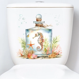 Seahorse and starfish in a glass bottle watercolor toilet decal for bathroom wall decor