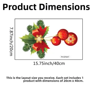 Christmas wall decal layout with red bows and green pine leaves measuring 20x40cm