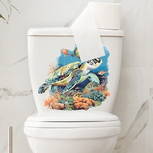 Vibrant sea turtle and coral reef waterproof wall sticker for bathroom toilet decoration