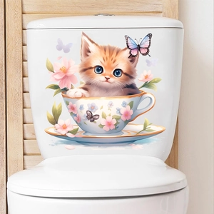 Cute Cartoon Cat In Teacup Toilet Sticker PVC Waterproof Wall Decal With Flower And Butterfly For Bathroom Home Decor