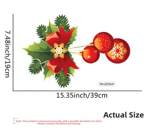 Detailed dimension guide for Christmas leaf wall stickers with red ornaments and bows