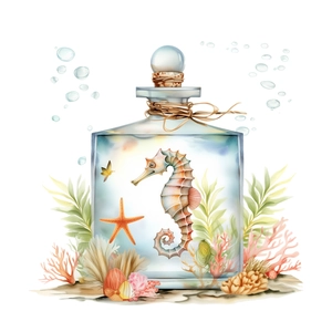 Nautical theme glass bottle wall sticker with seahorse and starfish for bathroom decor