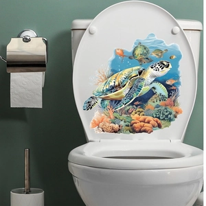 Sea Turtle 3D Toilet Lid Sticker Marine Life Coral Reef Waterproof PVC Removable Decal Bathroom Decor Underwater Theme Wall Sticker