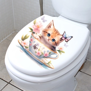 Cute orange cat in teacup with pink flowers and butterflies bathroom toilet lid sticker