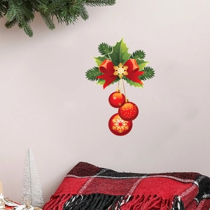Christmas wall stickers with green leaves, red bows and hanging ornaments for home decor