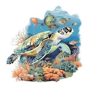 3D sea turtle wall stickers with colorful coral reef fish for bathroom decor