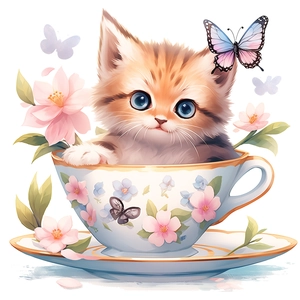 Cute orange tabby cat in a floral teacup sticker for bathroom wall and toilet decoration