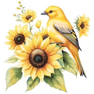 Vibrant watercolor sunflower wall decal with a golden bird for home room wall decoration