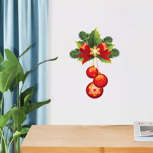 Christmas wall stickers with red bows, green leaves and hanging ornaments for home decor