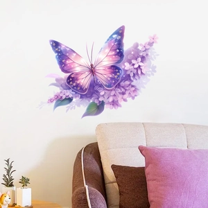 Close-up of purple butterfly and lilac wall decals on a white living room wall