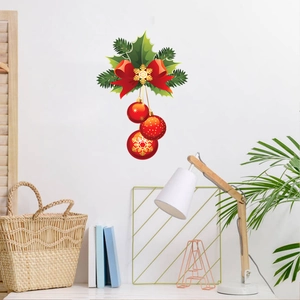 Christmas Ball And Leaves Wall Sticker PVC Red Bow Holly Berries Removable Mural Decal For Living Room Festive Decoration