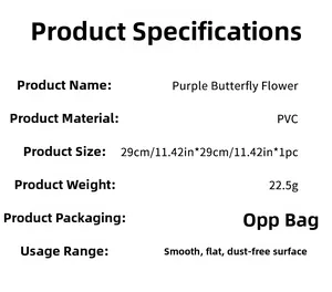 Detailed technical specifications for PVC purple butterfly and flower wall stickers