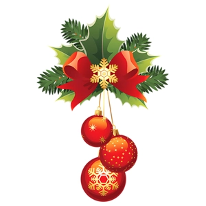 Christmas wall decal with red ornaments, green holly leaves and a gold snowflake bow