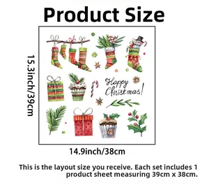 Christmas wall stickers layout featuring stockings and gifts, size 15.3x14.9 inches