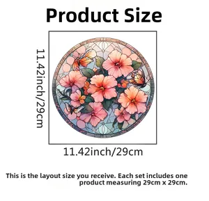 Size guide for 11.4 inches circular floral window sticker with pink hibiscus and butterfly
