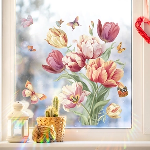 Stickers de fenêtre avec tulipes et papillons colorés pour décoration intérieure