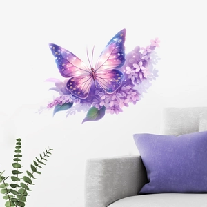 Purple butterfly and floral wall stickers for cozy living room and bedroom home decoration