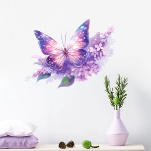 Purple butterfly and floral wall stickers for home bedroom decoration with starry wing patterns