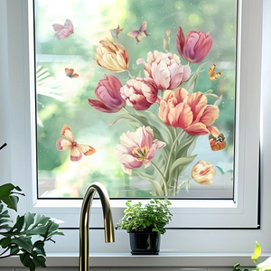 Stickers de fenêtre fleurs tulipes et papillons colorés pour décoration de vitre maison