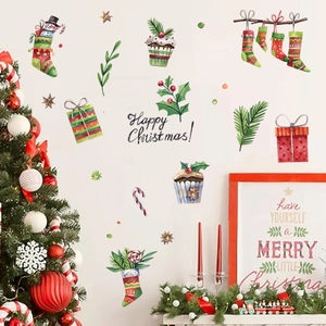 Watercolor Christmas stocking wall stickers with snowman and festive gift designs
