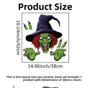 Detailed sizing chart showing the 38x42cm dimensions of the Halloween witch wall sticker