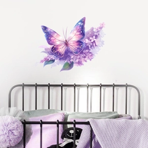 Dreamy purple butterfly and lilac flower wall decals in a modern minimalist bedroom setting