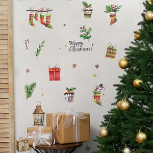 Watercolor Christmas Wall Stickers With Stockings Gift Boxes Snowman Pattern For Festive Home Holiday Window Decoration