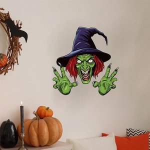 Scary Green Witch Halloween Wall Sticker PVC Removable Horror Witch Face Decal For Living Room Bedroom Party Home Decor