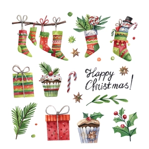 Watercolor Christmas wall stickers featuring stockings, gift boxes and festive holiday elements