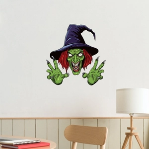 Scary green witch wall sticker for Halloween decor, displayed in a modern room setting