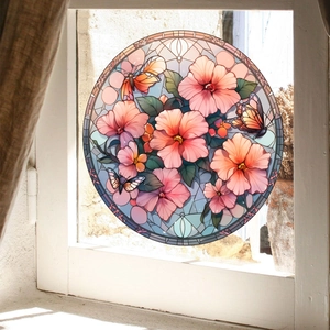 Stained glass floral window decal featuring pink flowers and colorful butterflies