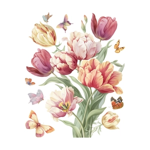 Sticker mural aquarelle avec tulipes colorées et papillons vibrants sur blanc